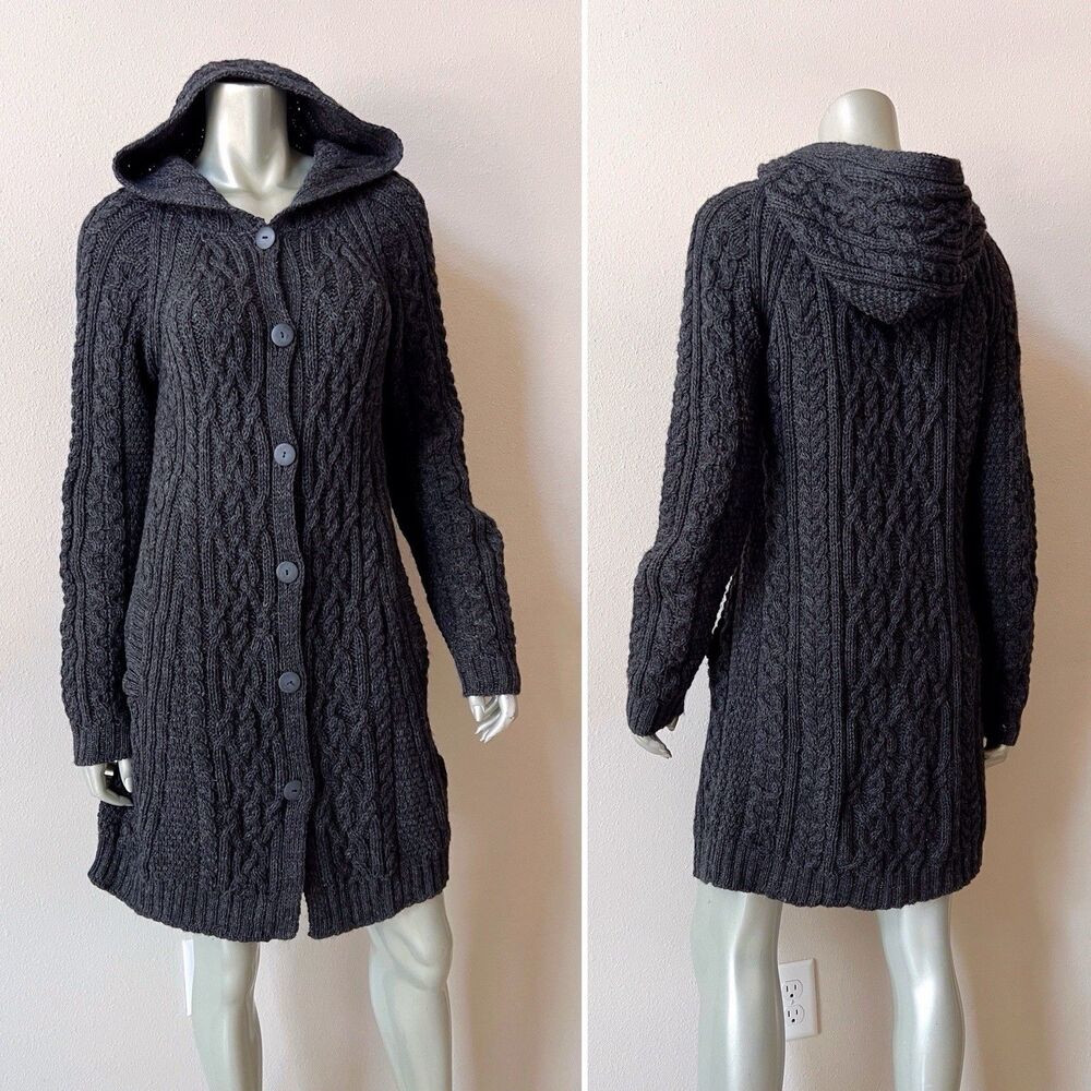 Inis Crafts Wool Hooded Cardigan Sweater Women’s M Irish Fisherman Pockets Gray